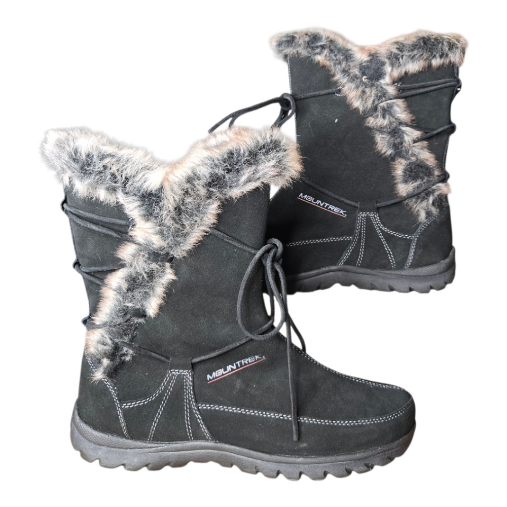Mountrek Womens Black Leather Suede Faux Fur Ellie Lodge Mid Calf Boots 9